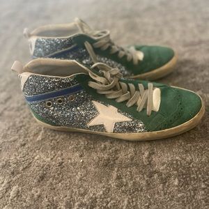Golden goose mid star green suede & silver glitter mid top trainers